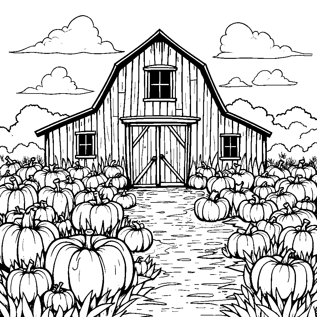 A pumpkin patch with a big red barn