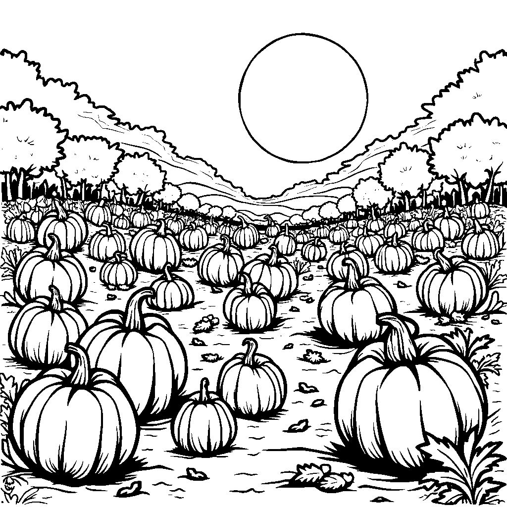 A pumpkin patch with a big yellow sun