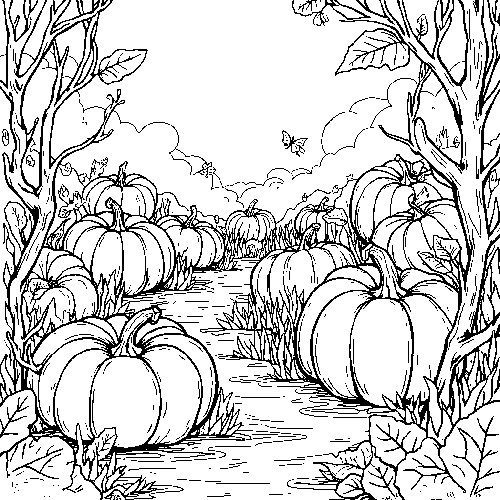 A pumpkin patch with vines and leaves