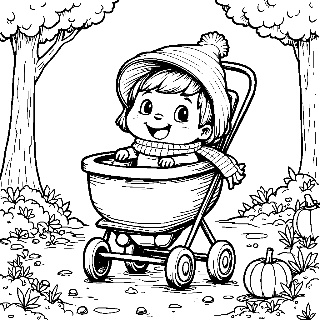 A pumpkin being pushed in a stroller