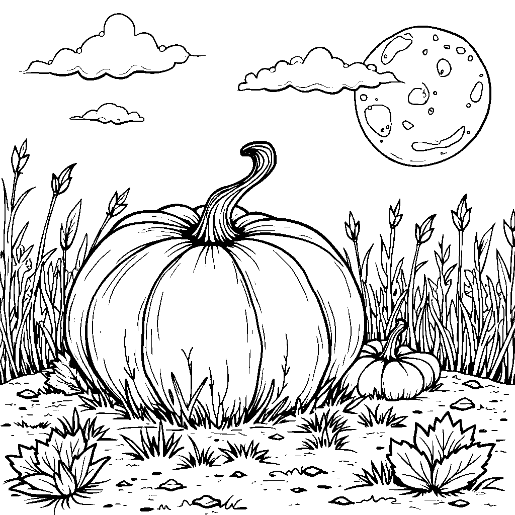 A pumpkin in a field with a full moon