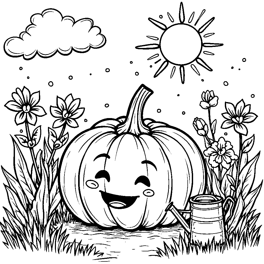 A pumpkin in a garden with a watering can