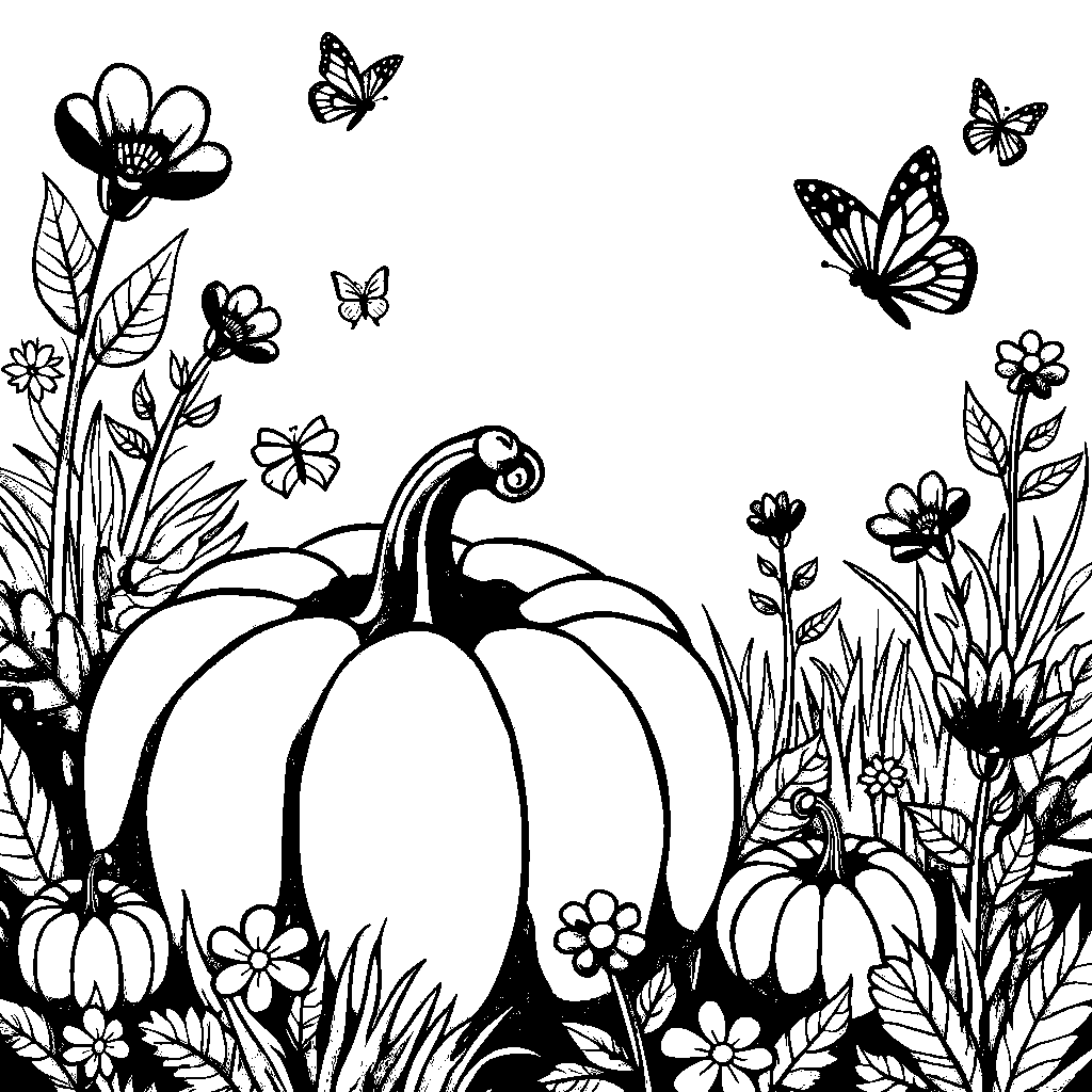 A pumpkin in a garden with butterflies