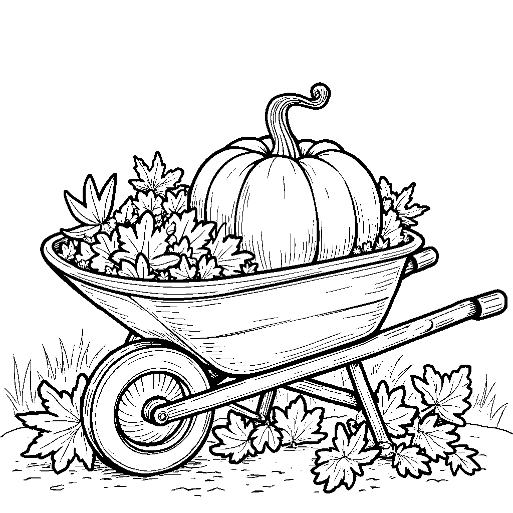 A pumpkin in a wheelbarrow with fall leaves