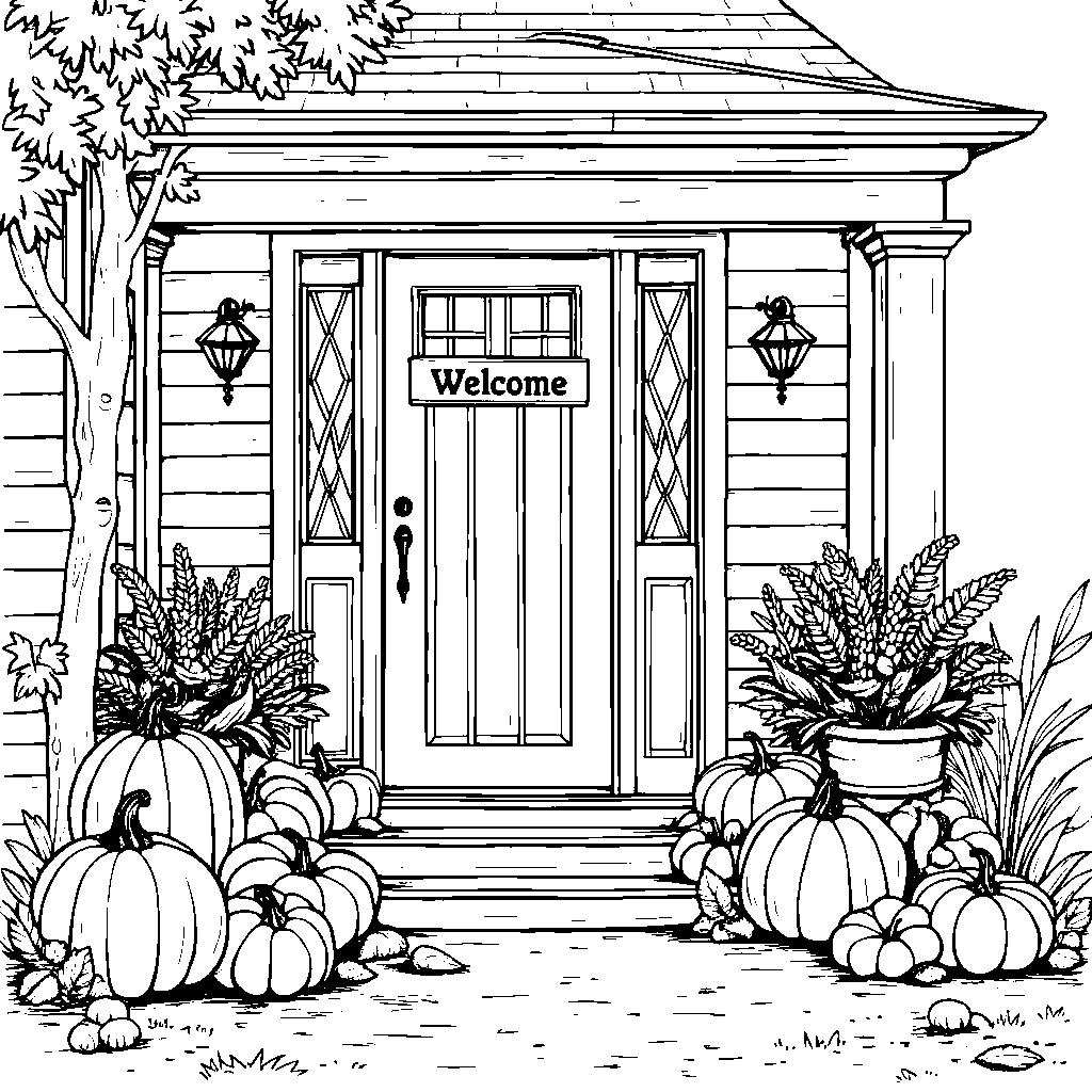 a pumpkin on a porch with a welcome sign