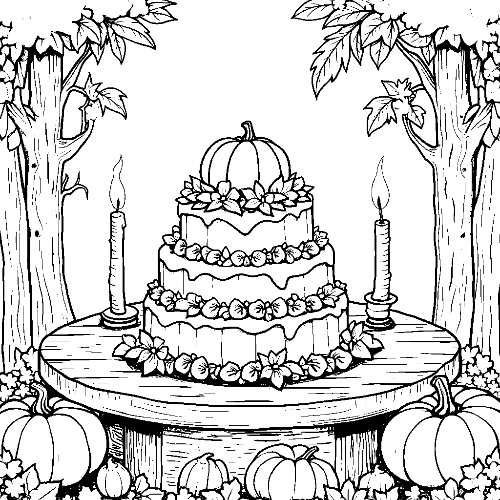 A pumpkin on a table with a big cake