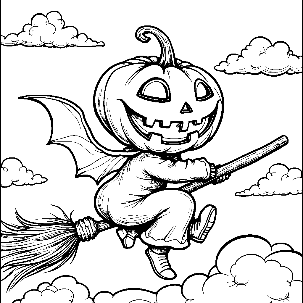 A pumpkin riding a broomstick like a witch