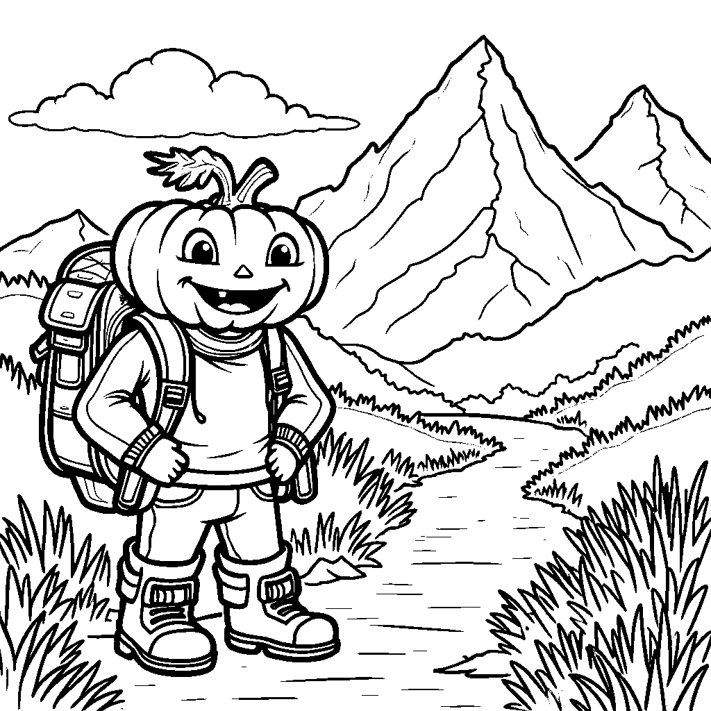 A pumpkin wearing a backpack and hiking