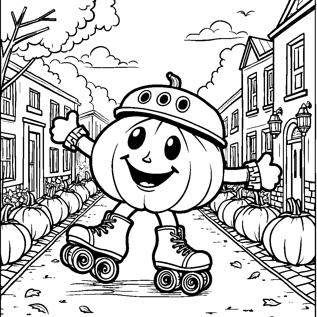 A pumpkin wearing roller skates and a helmet