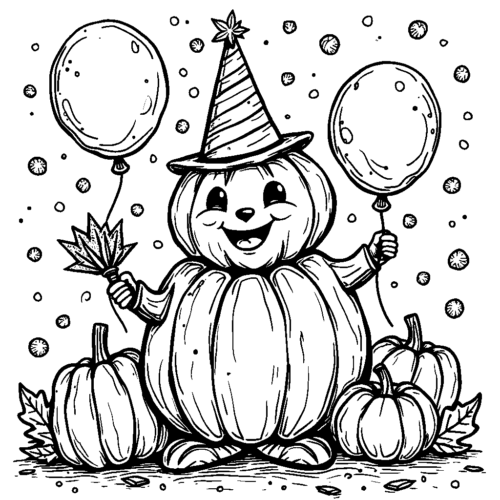 A pumpkin with a big smile and a party blower