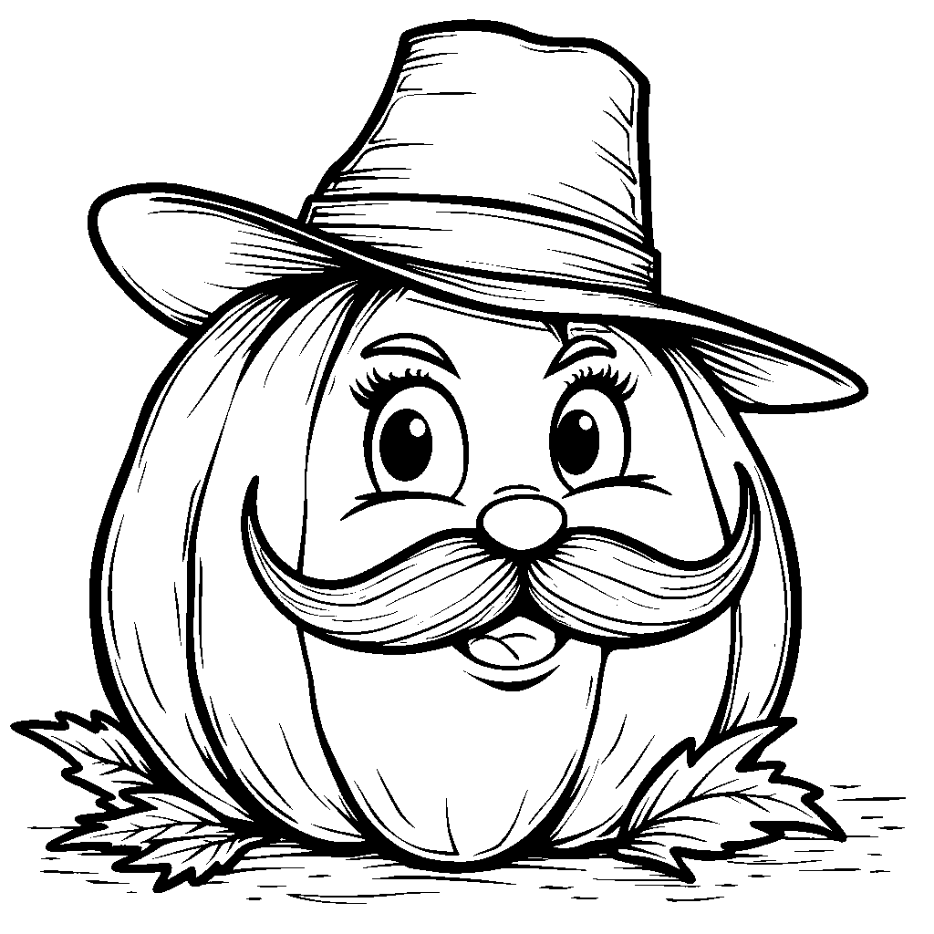 A pumpkin with a funny mustache and hat