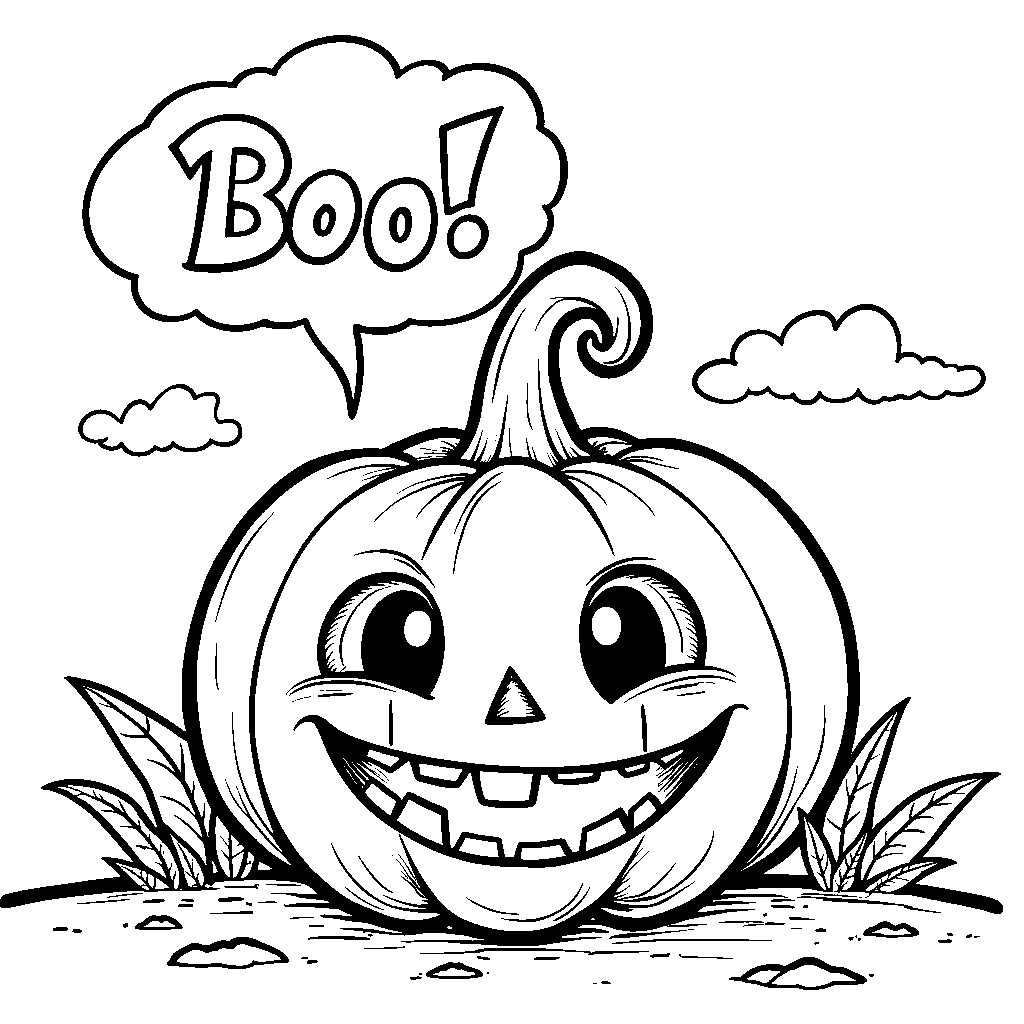 A pumpkin with a speech bubble saying 'Boo!'