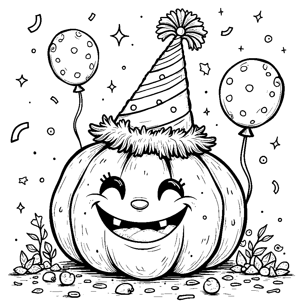 a smiling pumpkin wearing a party hat