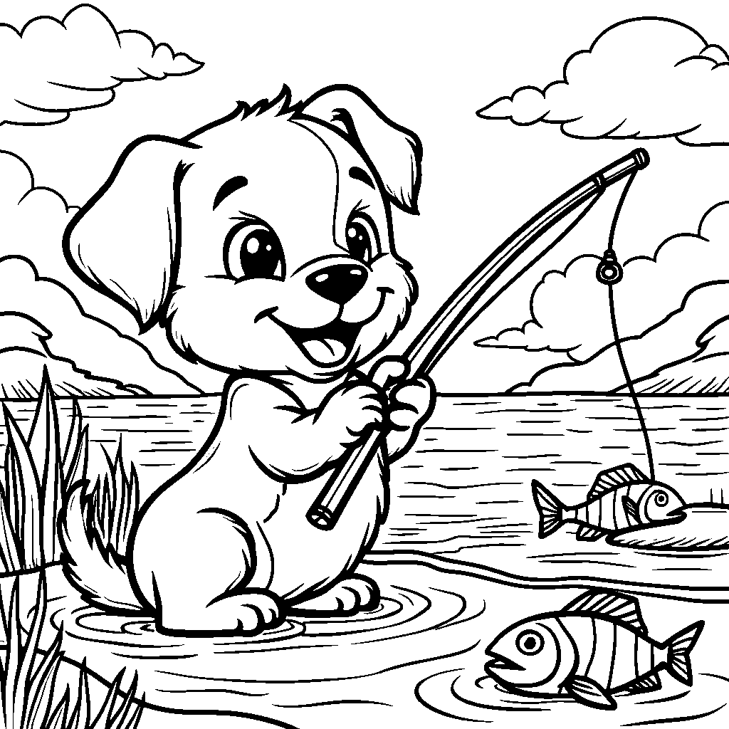 Puppy holding a fishing rod