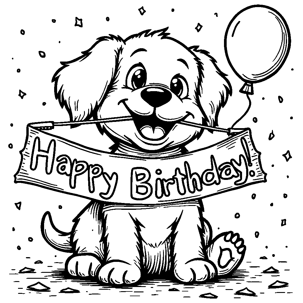 Puppy holding a 'Happy Birthday' banner