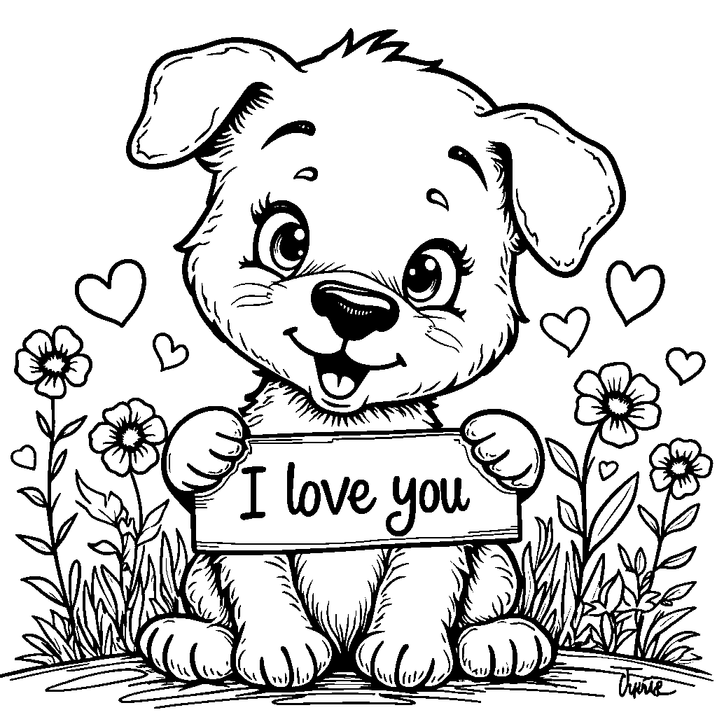 Puppy holding a 'I love you' sign