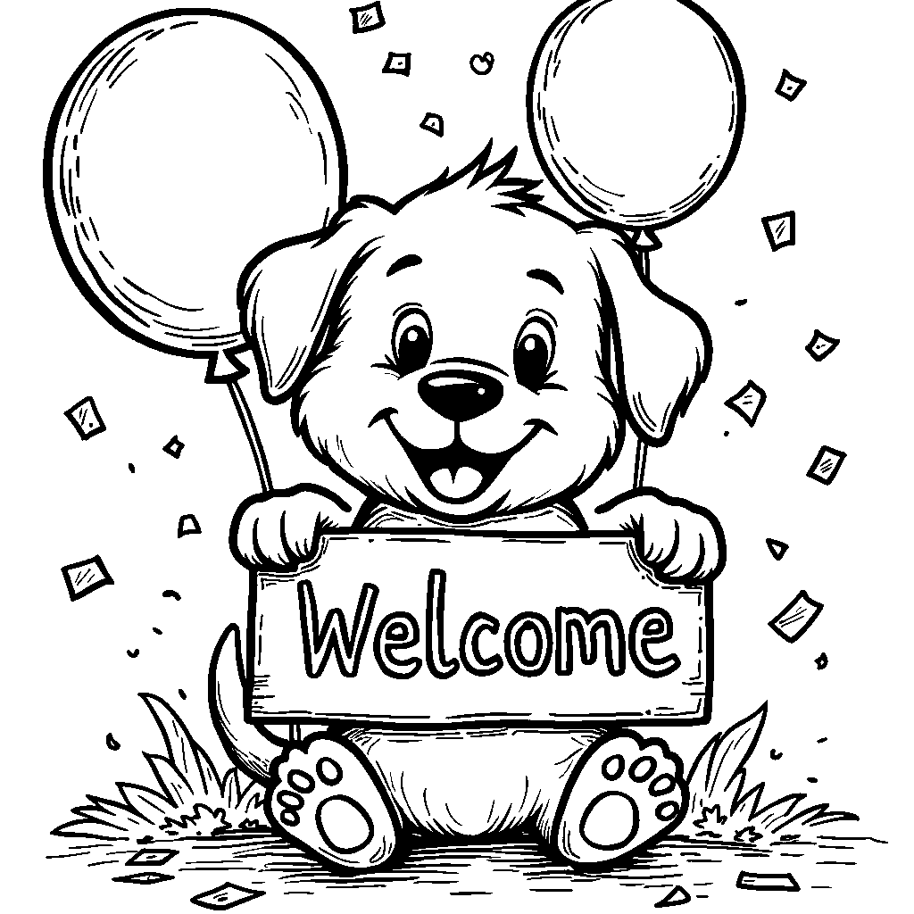 Puppy holding a 'Welcome' sign