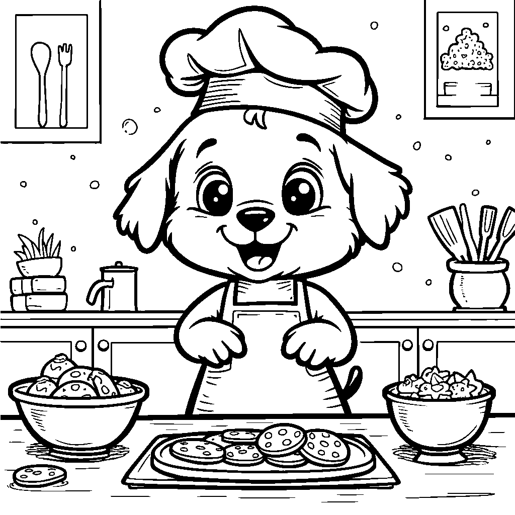 Puppy in a chef's hat baking cookies