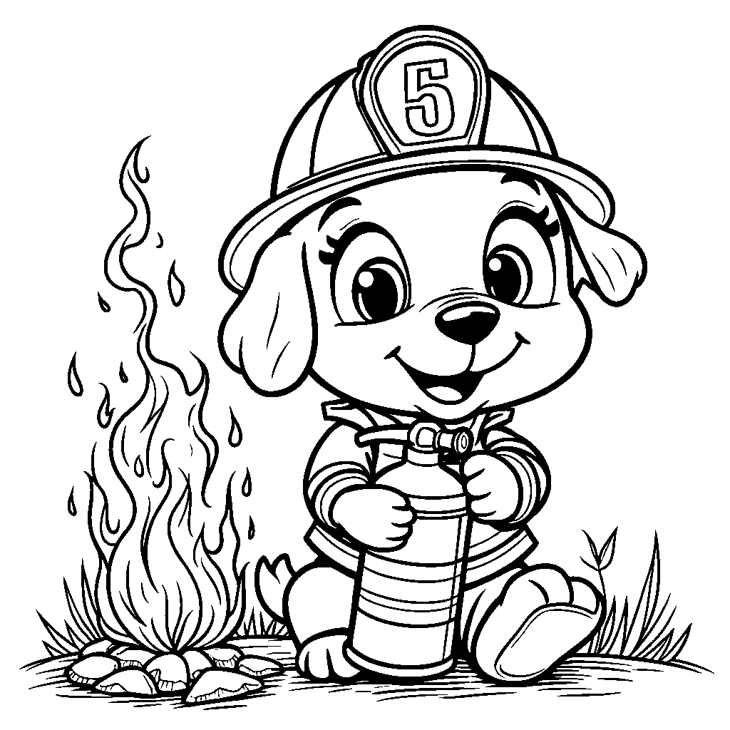 Puppy in a firefighter helmet putting out a fire