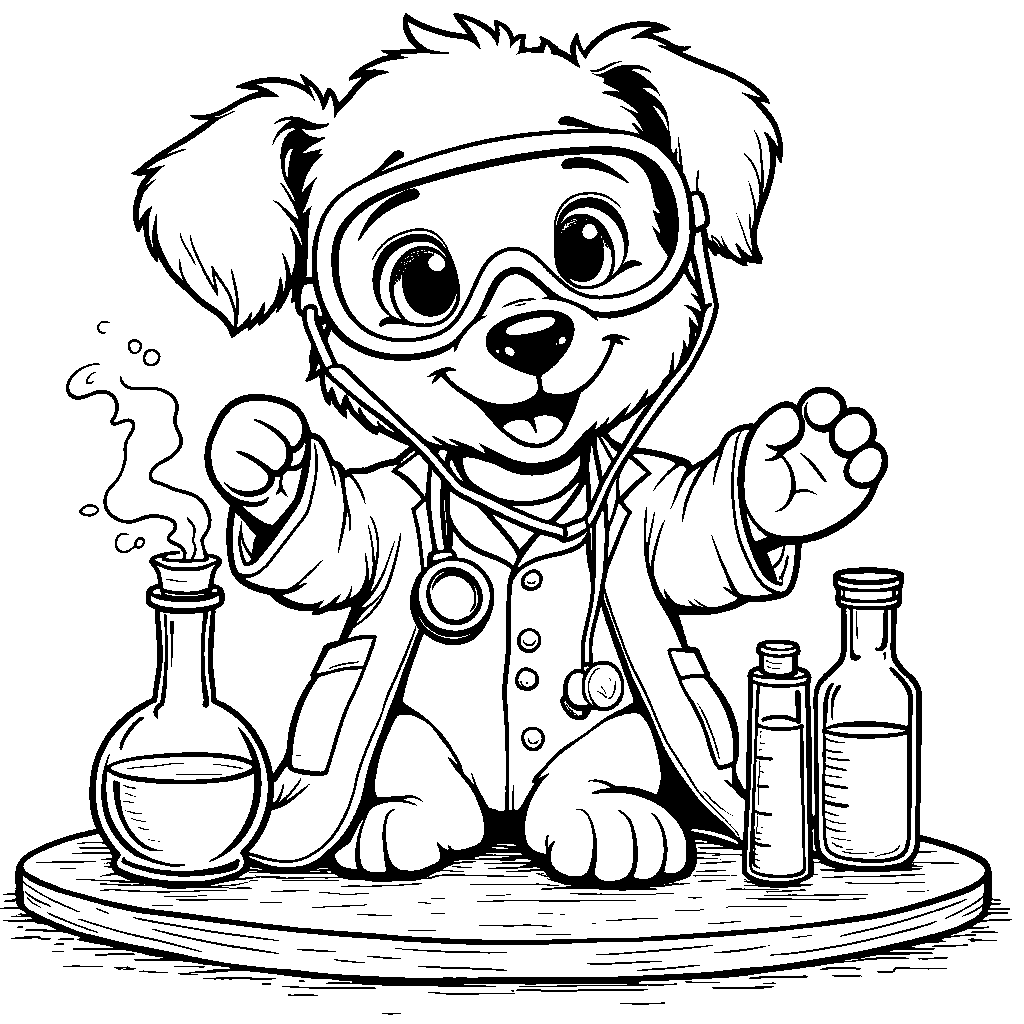 Puppy in a lab coat conducting an experiment