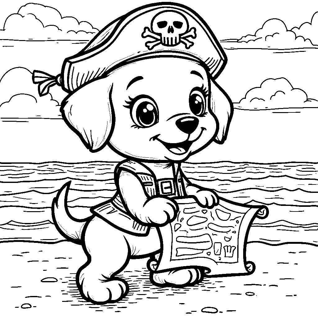 Puppy in a pirate costume with a treasure map