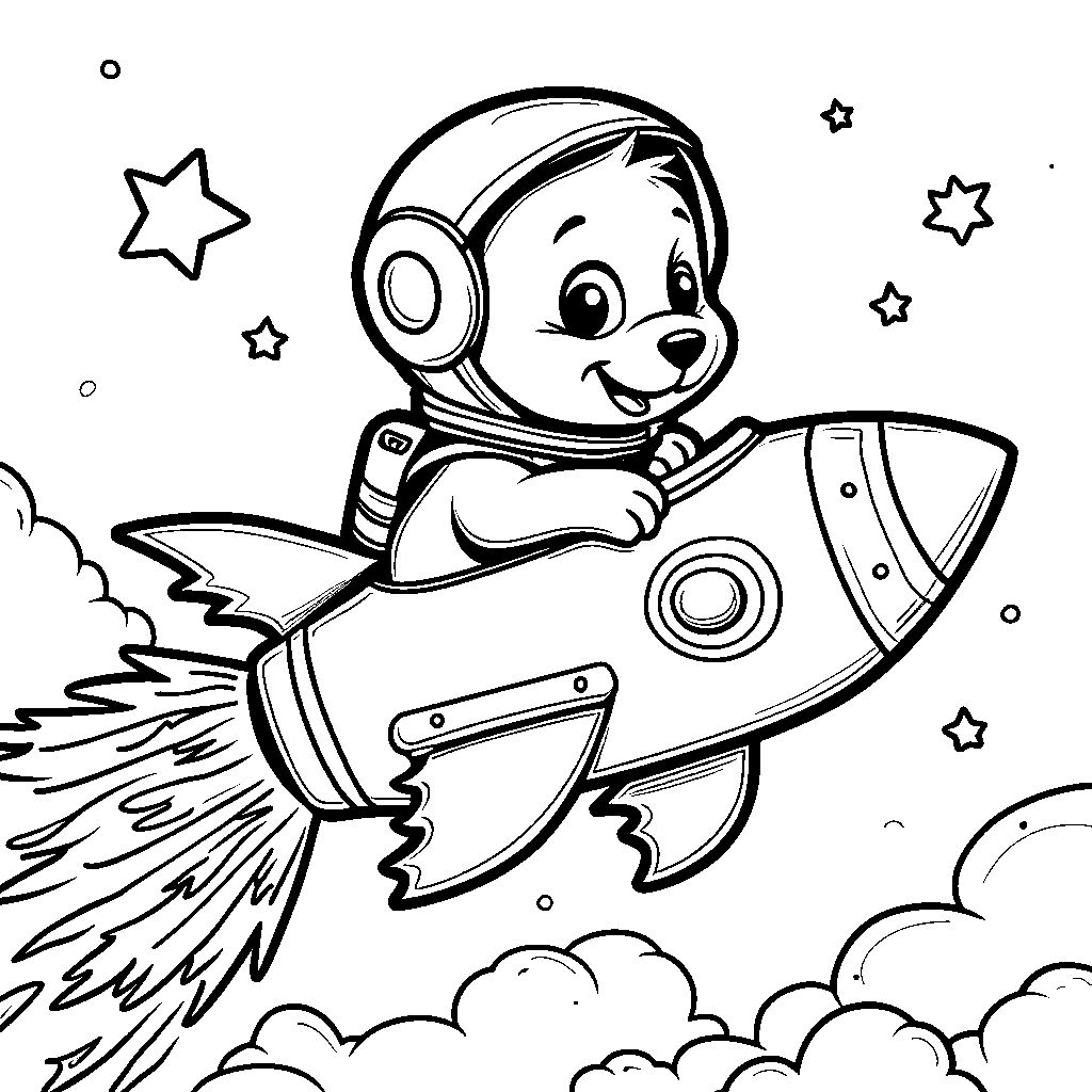 Puppy in a space helmet flying a rocket