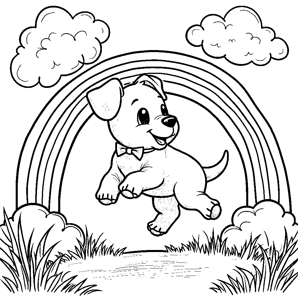 Puppy jumping over a rainbow