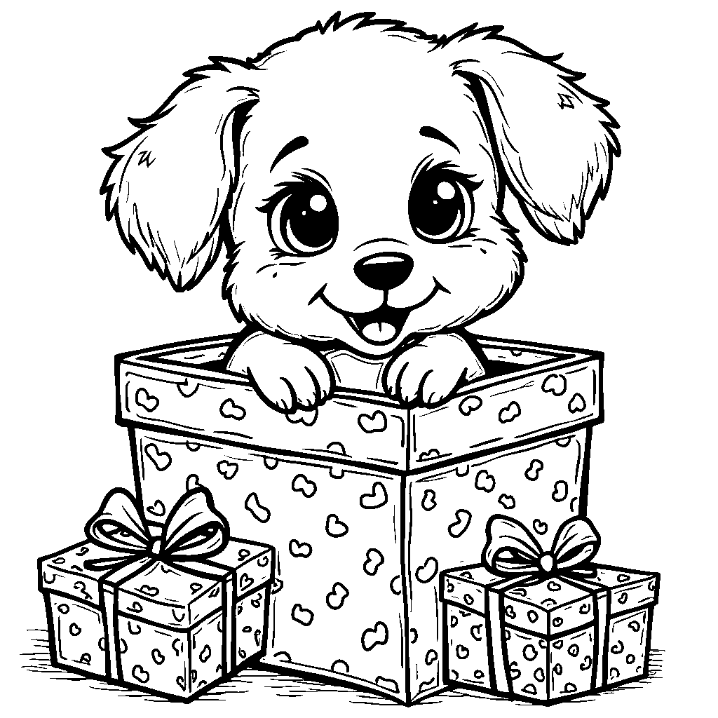 Puppy peeking out of a gift box