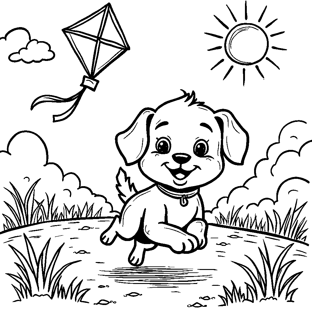 Puppy playing with a kite