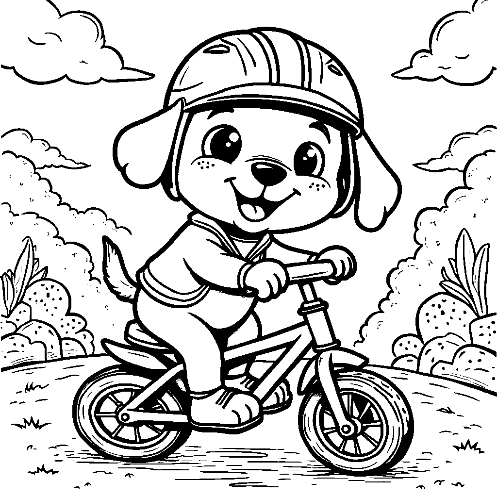 Puppy riding a bike with training wheels