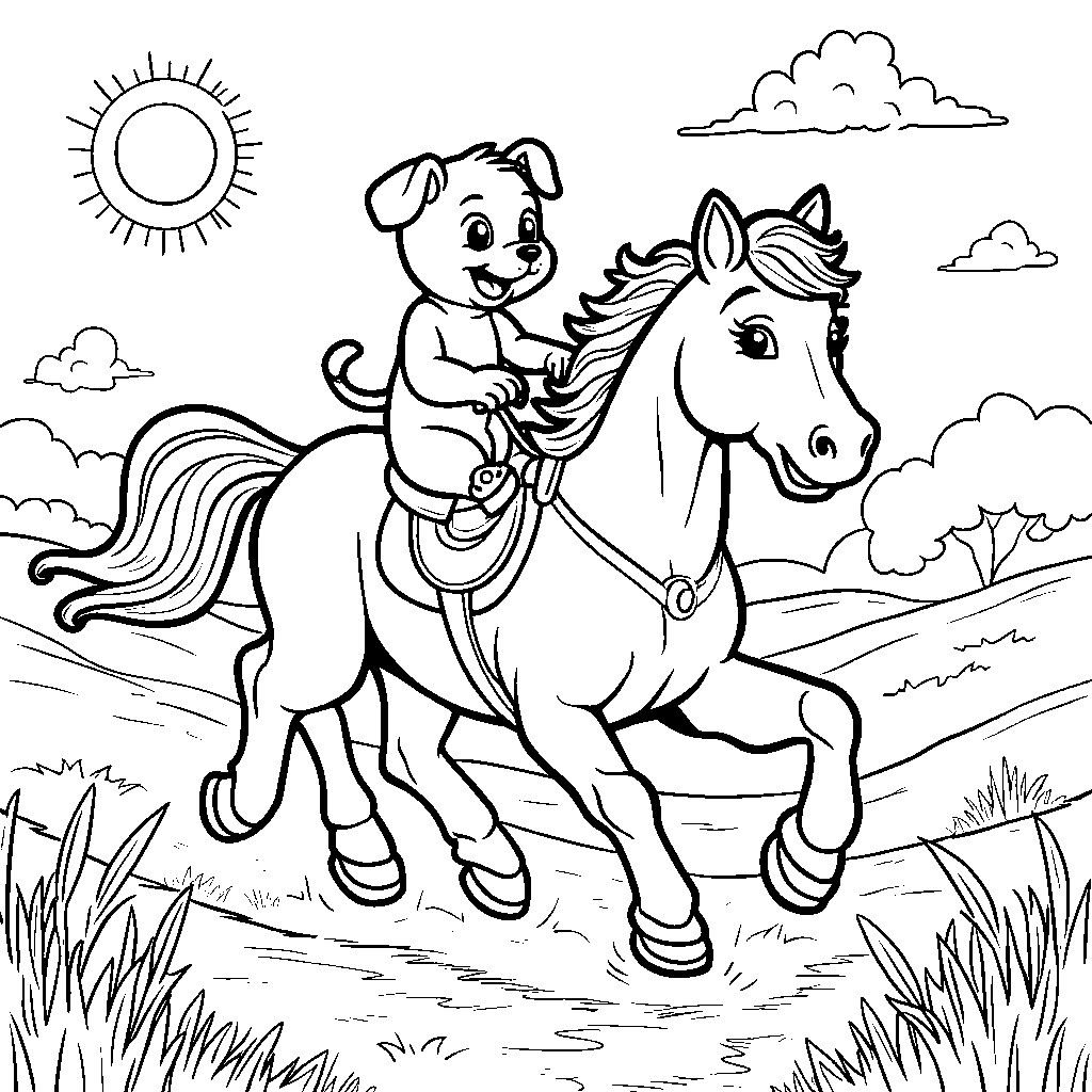 Puppy riding a horse