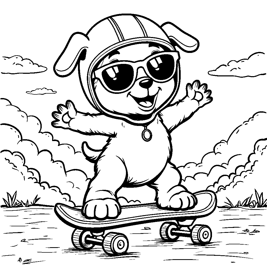 Puppy riding a skateboard