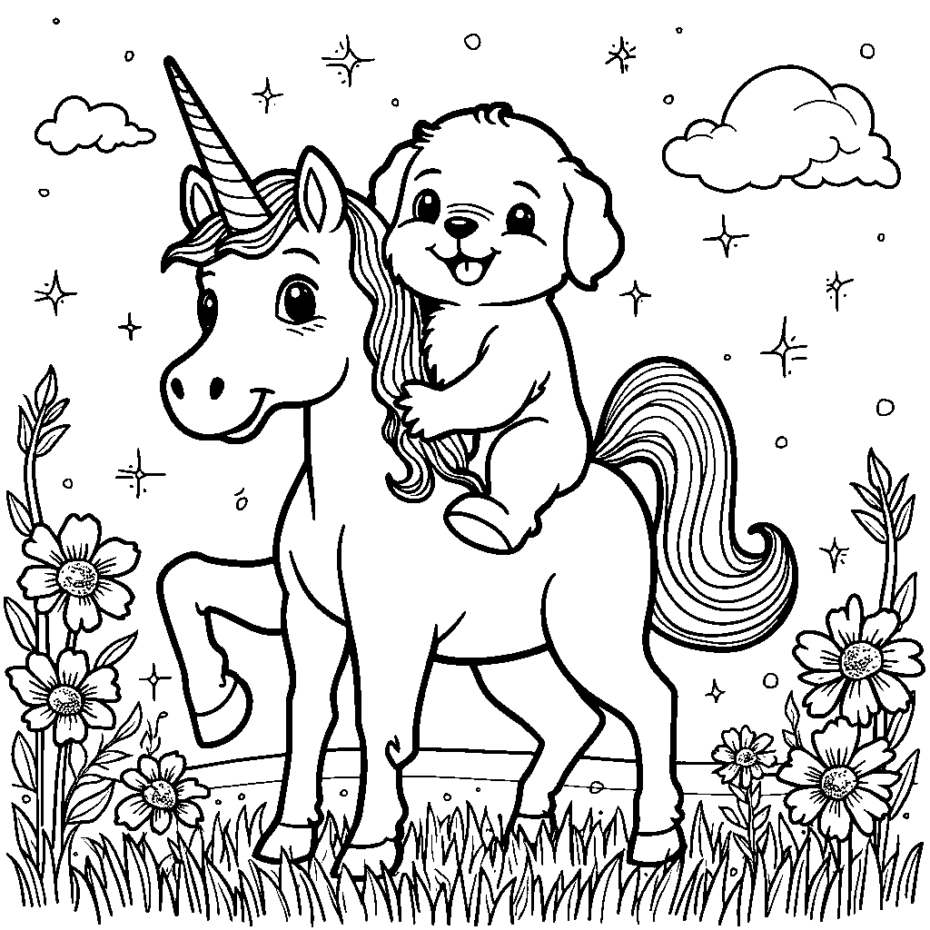 Puppy riding a unicorn