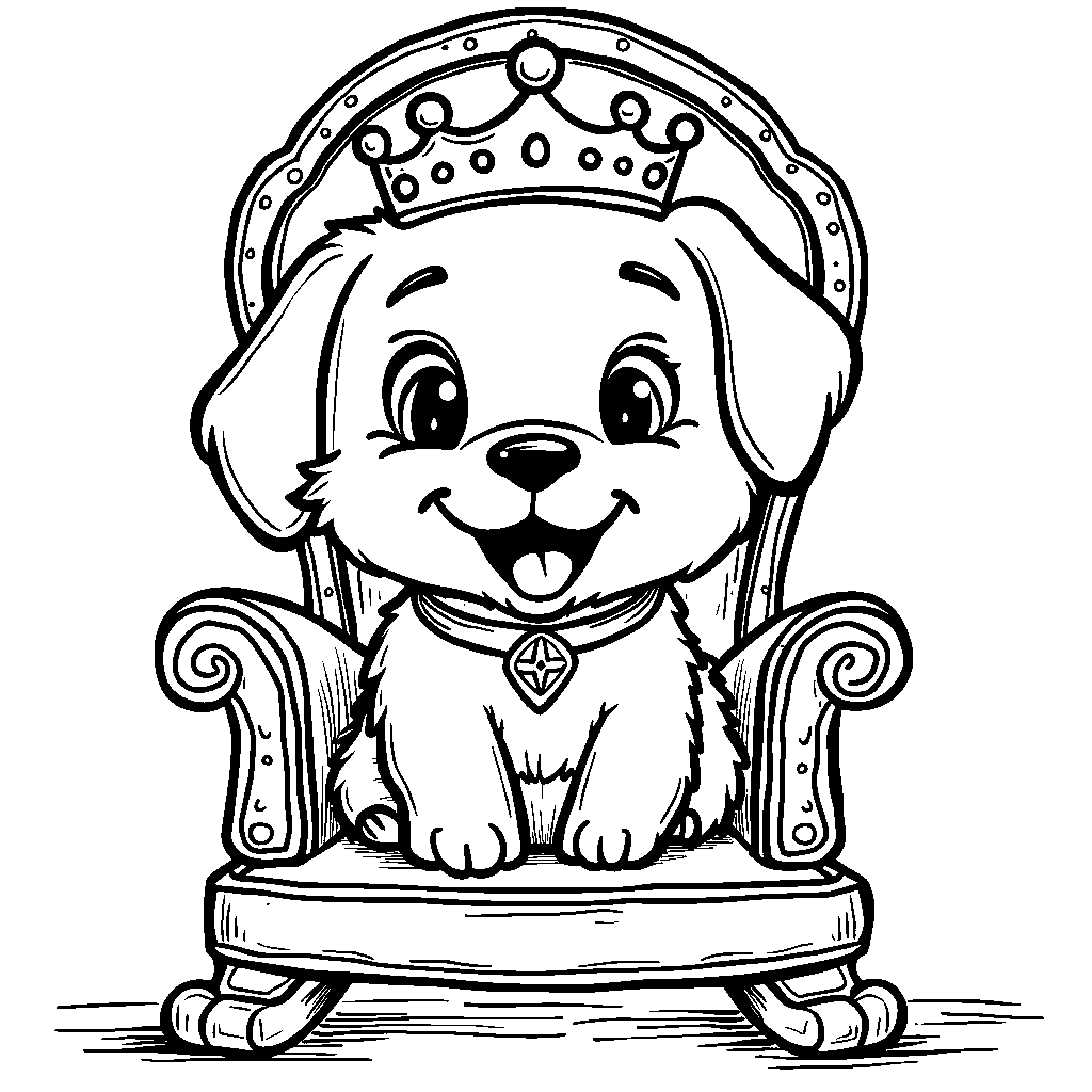 Puppy sitting on a throne wearing a crown