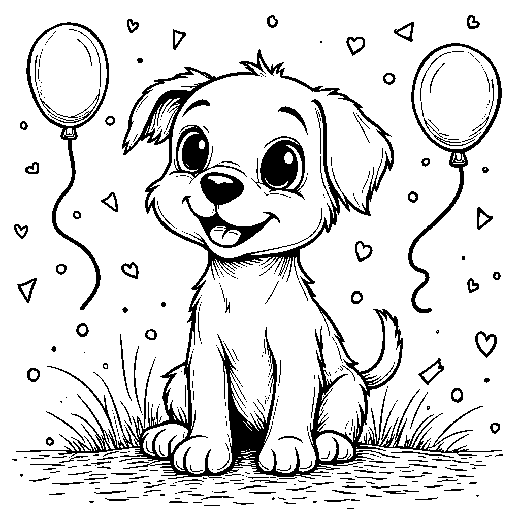 Puppy surrounded by confetti and balloons