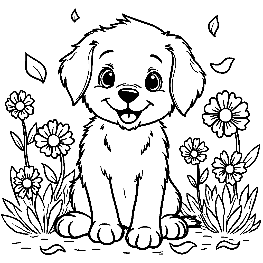 Puppy surrounded by flowers