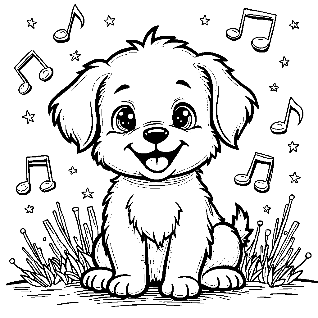 Puppy surrounded by musical notes