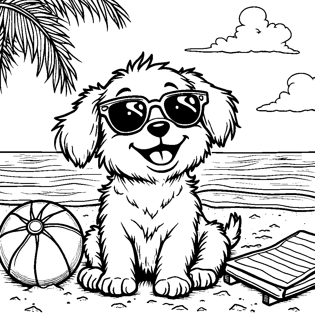 Puppy wearing sunglasses on the beach