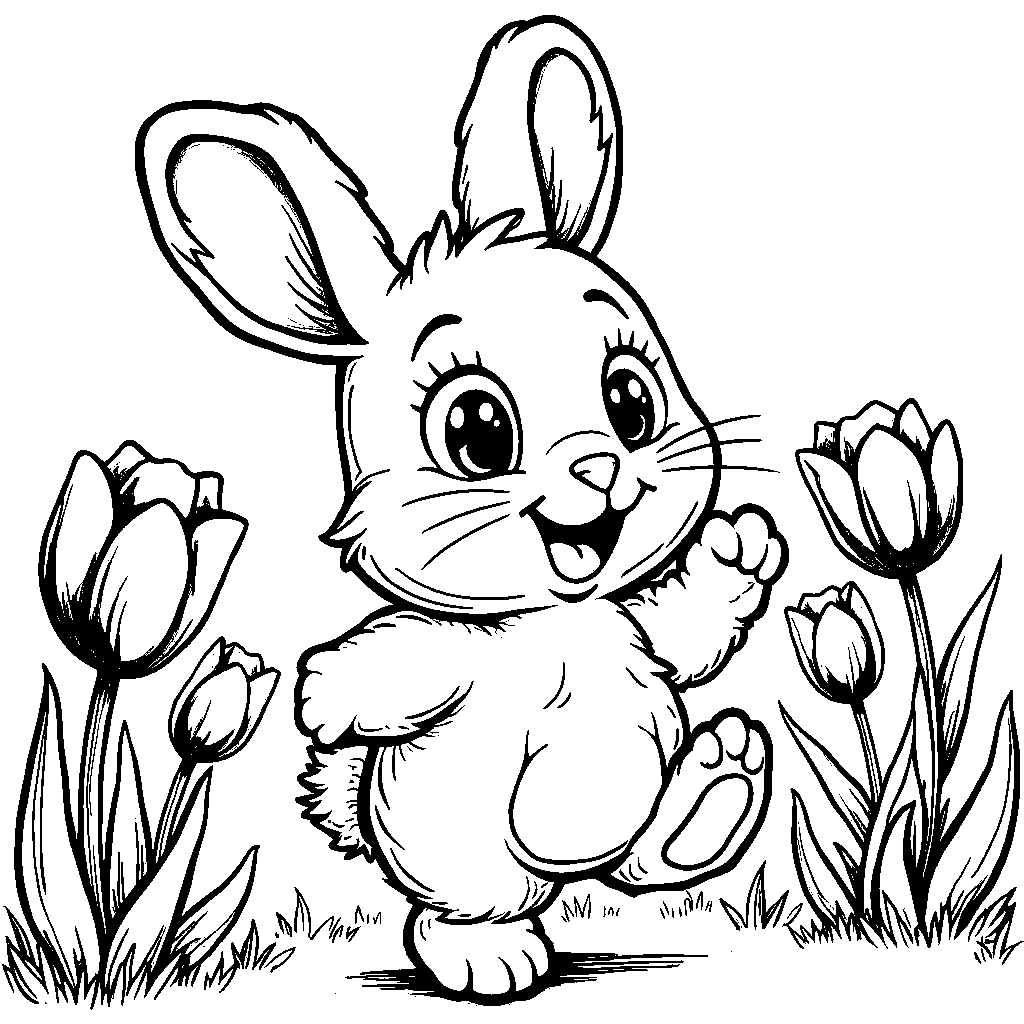 Rainbow Bunny Hopping Through a Field of Tulips