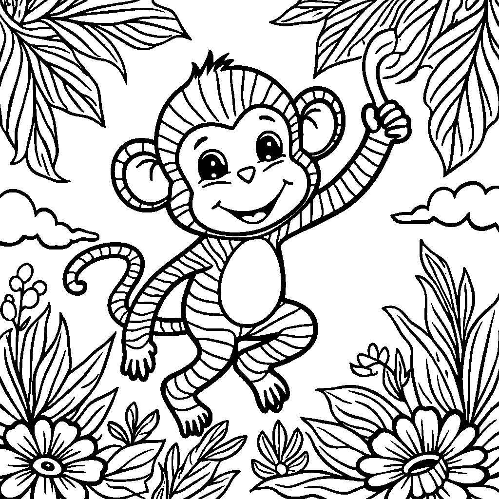 Rainbow Monkey Swinging from a Colorful Vine