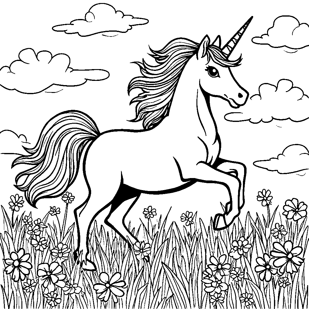 Rainbow Unicorn Prancing in a Field of Flowers