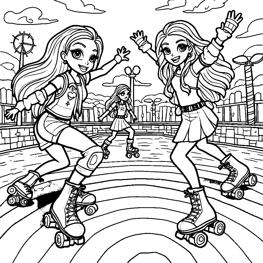 A colorful roller rink where Rainbow High characters are skating and having fun