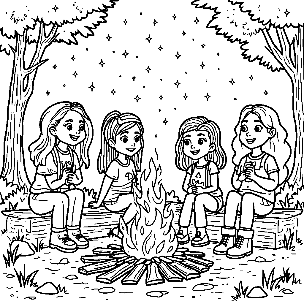 A cozy camping scene with Rainbow High friends sitting around a campfire