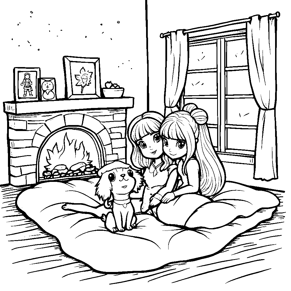 A cozy scene of Rainbow High characters cuddling with their pets