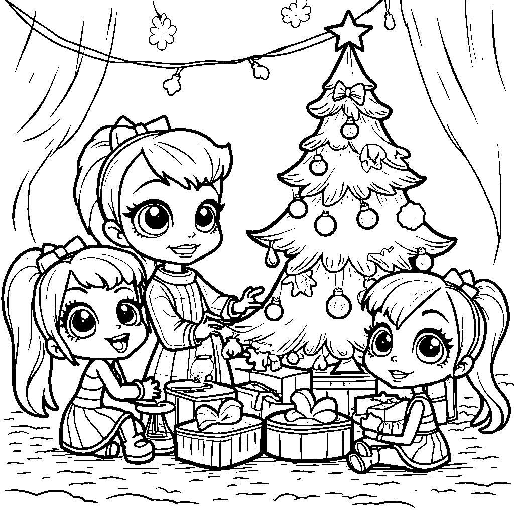 A festive holiday scene with Rainbow High characters decorating a tree