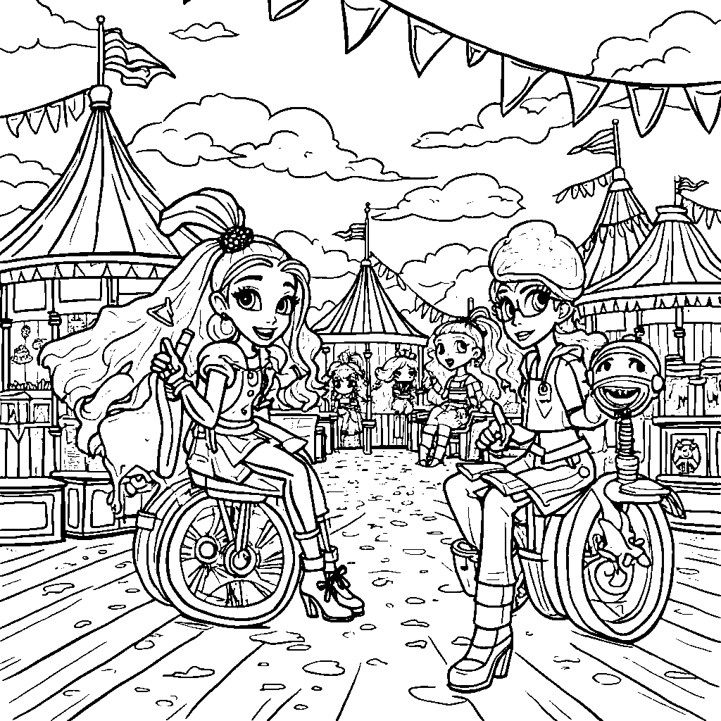 A fun carnival scene with Rainbow High characters enjoying rides and games