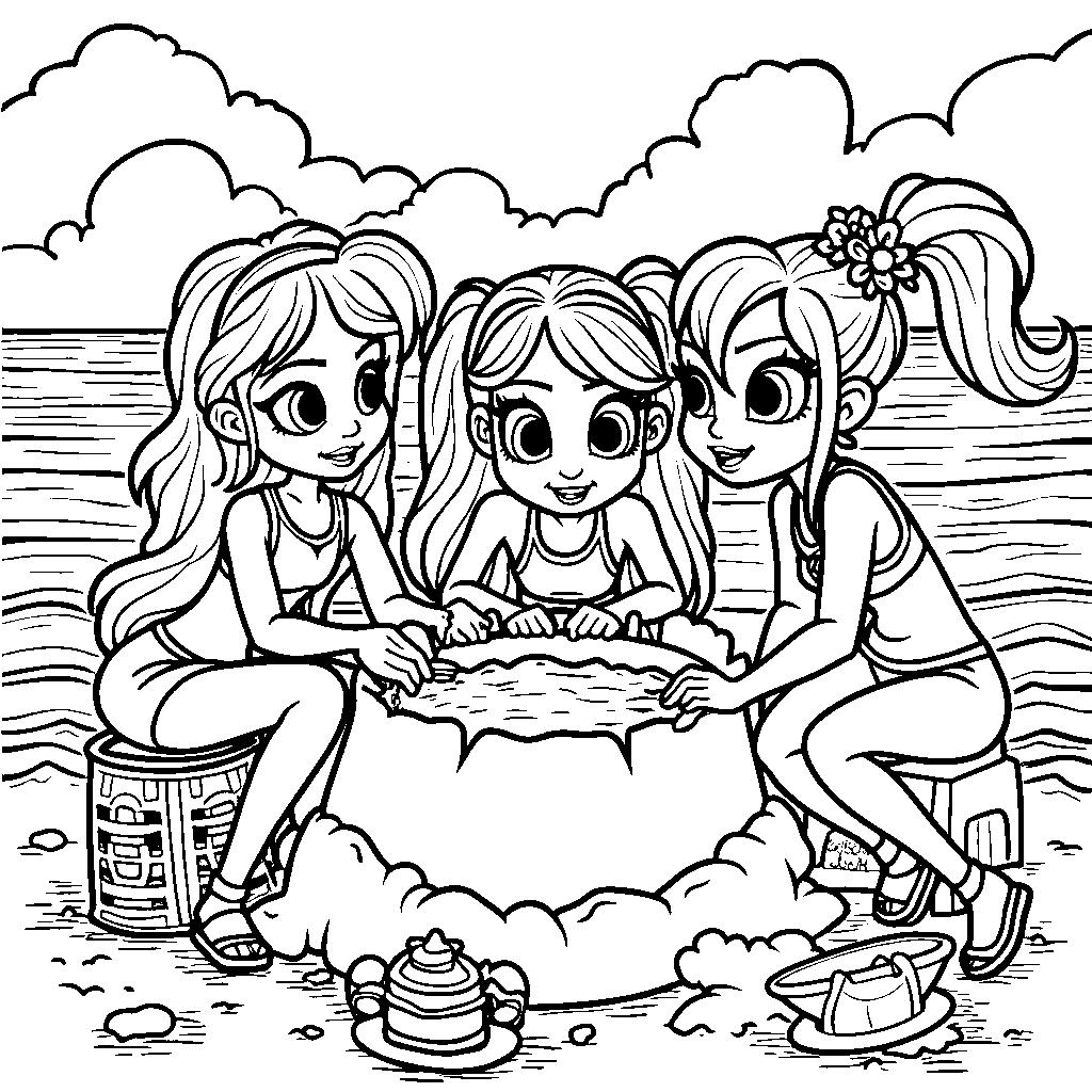 A group of Rainbow High friends building a giant sandcastle at the beach