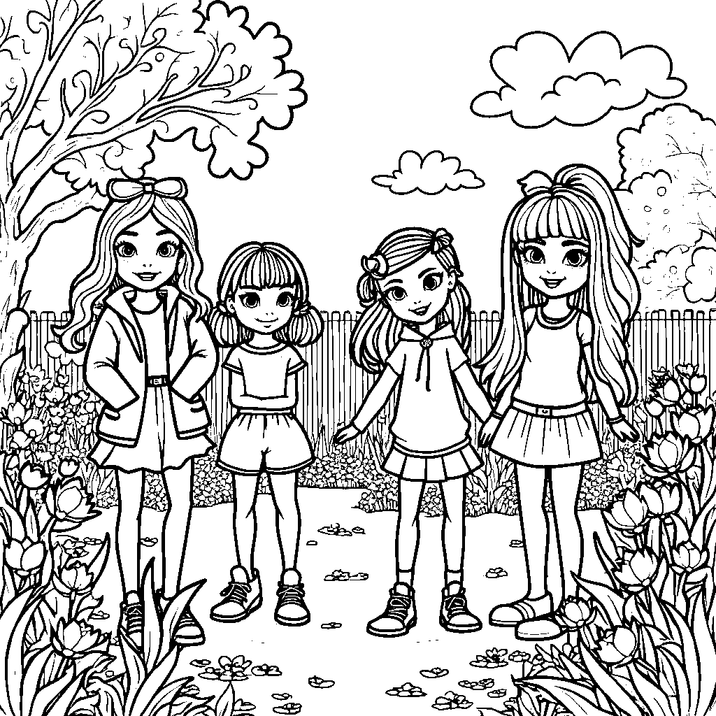 A group of Rainbow High friends playing in a backyard filled with spring flowers