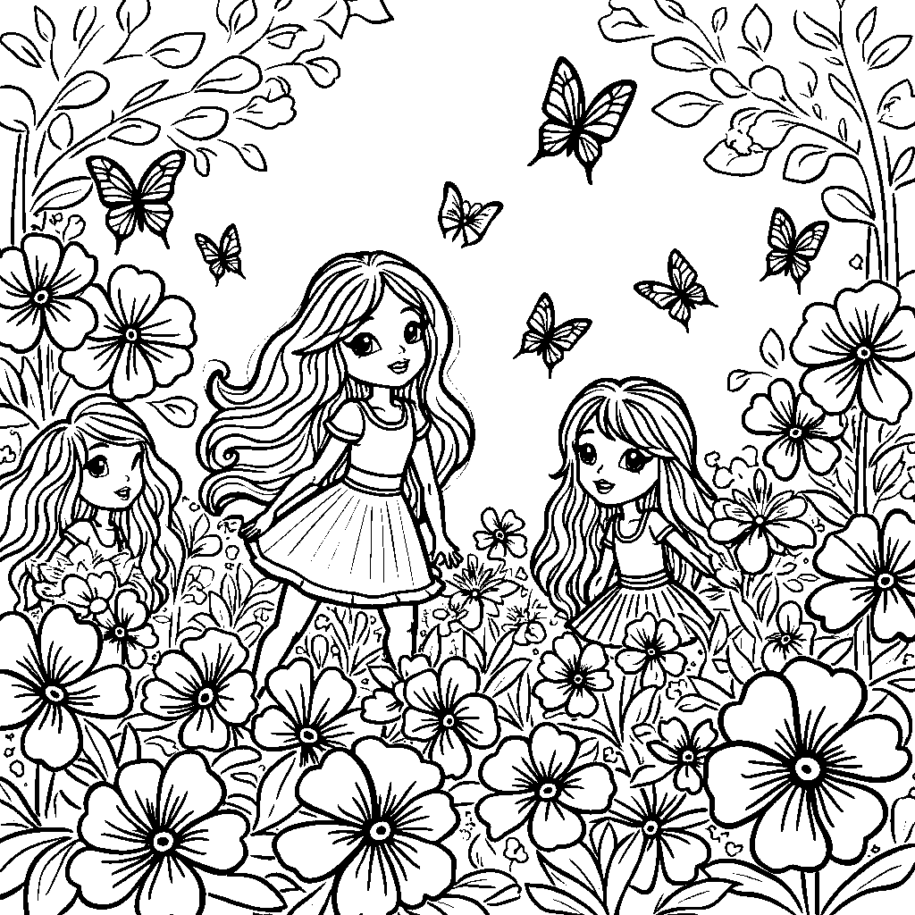 A magical garden full of Rainbow High characters playing with flowers and butterflies