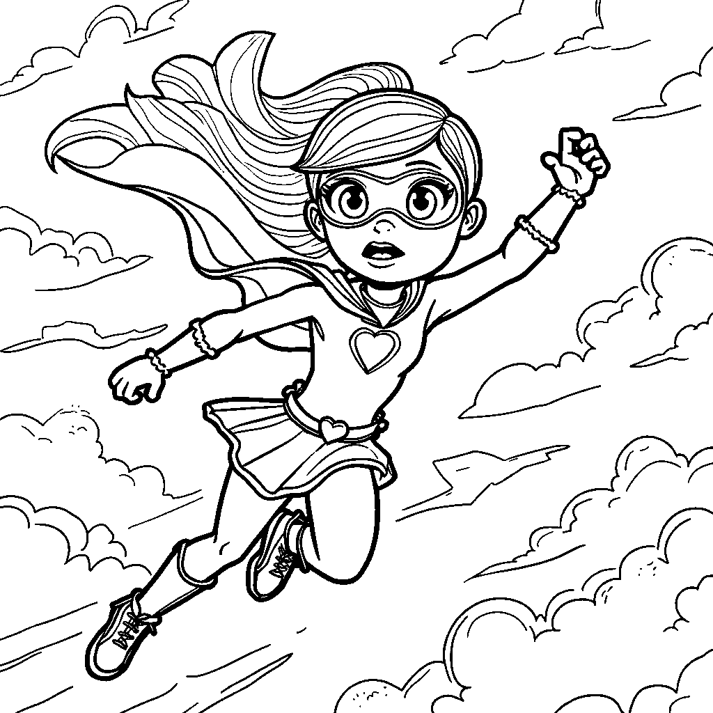 A Rainbow High character dressed as a superhero flying through the sky